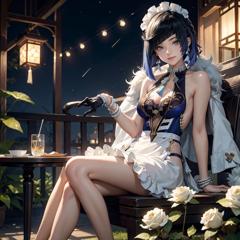 Yelan_(genshin impact), 1girl, white roses, ornament hair, roses on her hair, maid, maid dress, maid headdress, maid apron, navy hair, short hair, seat on a grass, garden scene, Chinese maid dress, gold lantern, navy dress, more details on her clothes, golden details, night, smiling, coat, chinese style, solo, alone, crystal, curtains, full moon on the sky, laces, frills, sparkles, fireflies, sitting on the grass, chinese architecture on the background, white roses on the floor, garden scenery, solo, 1 girl