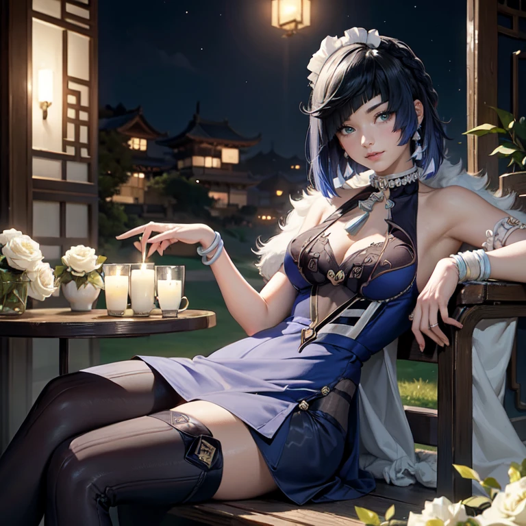 Yelan_(genshin impact), 1girl, white roses, ornament hair, roses on her hair, maid, maid dress, maid headdress, maid apron, navy hair, short hair, seat on a grass, garden scene, Chinese maid dress, gold lantern, navy dress, more details on her clothes, golden details, night, smiling, coat, chinese style, solo, alone, crystal, curtains, full moon on the sky, laces, frills, sparkles, fireflies, sitting on the grass, chinese architecture on the background, white roses on the floor, garden scenery, solo, 1 girl