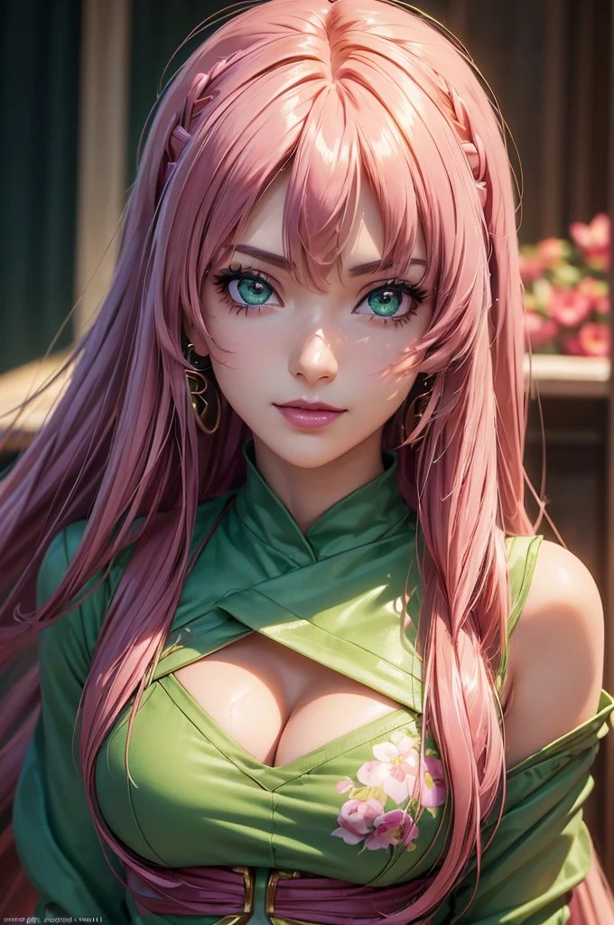 ((((Hyper realistic,high detailed quality)))),(((lynn minmay)))alone, whole body,earrings, eyelash, shackles,, (((lynn minmay))),(playa,(palm),crew,(green shirt), Floral,pink lips),Sexy and exciting smile,, (shiny skin:1.05),(blush:0.9),(dents in the skin:1.15),realist, ((Masterpiece, of the highest quality, high resolution,unstructured, (Perfect face:1.1), (sharp focus:1.1),, Trends with ArtStation, trend on CGsociety, Complex, high detail, sharp focus, dramatic)).