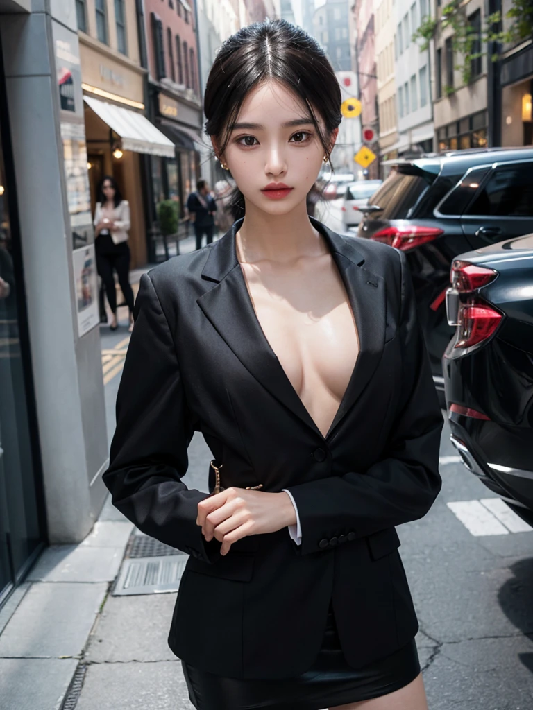 absurdres, RAW photo, extremely delicate and beautiful, masterpiece, Best Quality, ultra high resolution, 32k, hyperrealistic, ultra-detailed, perfect figure, Perfect Style, Perfect balance, in her 20s, very small head, very small face, delicate facial features, tearful mole, earring, very huge breasts, (full body shot:1.2), medium hair, black hair, (business suit), open jacket, (blouse:1.2), short skirt,