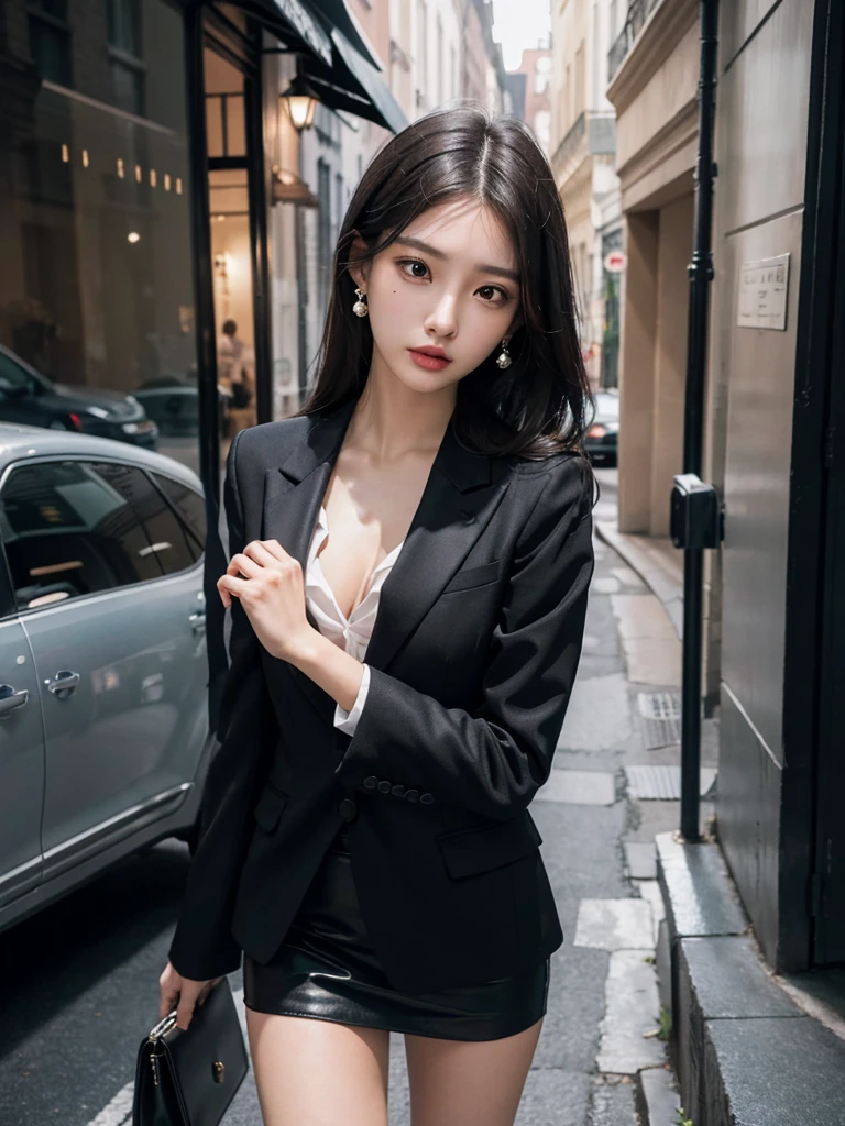 absurdres, RAW photo, extremely delicate and beautiful, masterpiece, Best Quality, ultra high resolution, 32k, hyperrealistic, ultra-detailed, perfect figure, Perfect Style, Perfect balance, in her 20s, very small head, very small face, delicate facial features, tearful mole, earring, very huge breasts, (full body shot:1.2), medium hair, black hair, (business suit), open jacket, (blouse:1.2), short skirt,