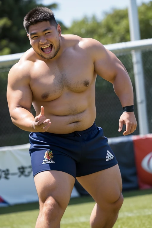 ((highest quality)), ((masterpiece)), (detailed), ((Perfect Face)), 4k, Shaved head, Young Japanese, Muscular, Fat body, Very big man, smile, ((showing off crotch)) A large Japanese man shirtless、whole body、Rugby player、Thick legs、Thick arm muscles、Intimidating、whole body、wearing a very tight and very short black-shorts, (shirtless)、((At the rugby field)), haka dance
