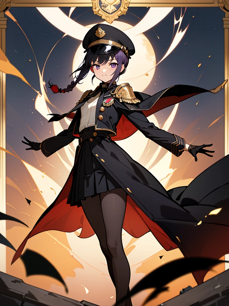 realisitic, City Deserted, Pile of rubble, Brick building, a one woman (18 years old, far away blackw hair, far away slits, Eyes red, glare eyes, 精致的面容, standing (In floor, feet shoulder-width apart), ta style military uniform (blackw base, Red Insert, golden decoration, volantes, wide sleeves, dainty and delicate detailing armors), blackw far away gloves (blackw, Red Insert, golden decoration, small hands, armors), blackw far away gloves, knee high boots (blackw, high-heels, red soles), ha (blackw, aba dourada, shield emblem, delicate details), arms in front, Front of belly, Holding military swords with both hands (blackw, golden decoration, delicate detail, Handle at the top, Ground-facing blade, in front of the body, far away), night sky (blackw, stele, Increased flames and smoke) Pale painting style, One Girl, super high quality, Super Detail, Super Detailed image, long hair, looking at viewer, skirt, shirt, hair ornament, violet eyes, gloves, round glasses, long sleeves, hat, closed mouth, jacket, violet hair, braid, open clothes, necktie, black gloves, black skirt, uniform, single braid, open jacket, black jacket, black headwear, 手链, peaked cap, black necktie, cropped jacket, military hat, pantyhose, Flat Chest, smile, Black Cape