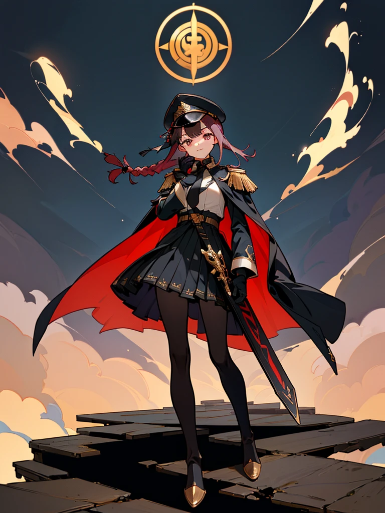 realisitic, City Deserted, Pile of rubble, Brick building, a one woman (18 years old, far away blackw hair, far away slits, Eyes red, glare eyes, 精致的面容, standing (In floor, feet shoulder-width apart), Lolita style military uniform (blackw base, Red Insert, golden decoration, volantes, wide sleeves, dainty and delicate detailing armors), blackw far away gloves (blackw, Red Insert, golden decoration, small hands, armors), blackw far away gloves, knee high boots (blackw, high-heels, red soles), ha (blackw, aba dourada, shield emblem, delicate details), arms in front, Front of belly, Holding military swords with both hands (blackw, golden decoration, delicate detail, Handle at the top, Ground-facing blade, in front of the body, far away), night sky (blackw, stele, Increased flames and smoke) Pale painting style, One Girl, super high quality, Super Detail, Super Detailed image, long hair, looking at viewer, skirt, shirt, hair ornament, violet eyes, gloves, round glasses, long sleeves, hat, closed mouth, jacket, violet hair, braid, open clothes, necktie, black gloves, black skirt, uniform, single braid, open jacket, black jacket, black headwear, 手链, peaked cap, black necktie, cropped jacket, military hat, pantyhose, Flat Chest, smile, Black Cape