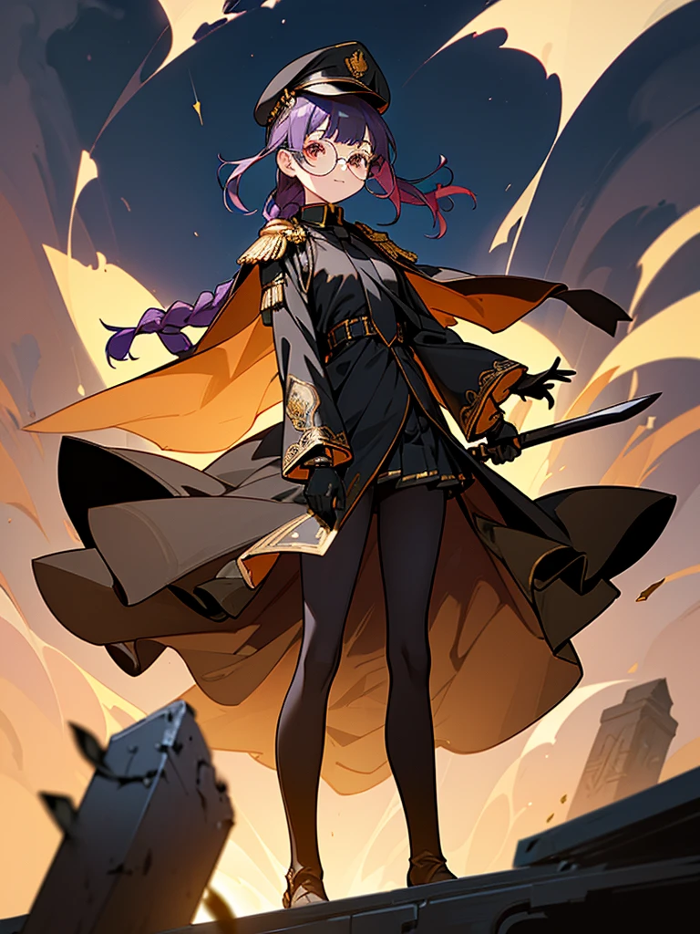 realisitic, City Deserted, Pile of rubble, Brick building, a one woman (18 years old, far away blackw hair, far away slits, Eyes red, glare eyes, 精致的面容, standing (In floor, feet shoulder-width apart), ta style military uniform (blackw base, Red Insert, golden decoration, volantes, wide sleeves, dainty and delicate detailing armors), blackw far away gloves (blackw, Red Insert, golden decoration, small hands, armors), blackw far away gloves, knee high boots (blackw, high-heels, red soles), ha (blackw, aba dourada, shield emblem, delicate details), arms in front, Front of belly, Holding military swords with both hands (blackw, golden decoration, delicate detail, Handle at the top, Ground-facing blade, in front of the body, far away), night sky (blackw, stele, Increased flames and smoke) Pale painting style, One Girl, super high quality, Super Detail, Super Detailed image, long hair, looking at viewer, skirt, shirt, hair ornament, violet eyes, gloves, round glasses, long sleeves, hat, closed mouth, jacket, violet hair, braid, open clothes, necktie, black gloves, black skirt, uniform, single braid, open jacket, black jacket, black headwear, 手链, peaked cap, black necktie, cropped jacket, military hat, pantyhose, Flat Chest, smile, Black Cape