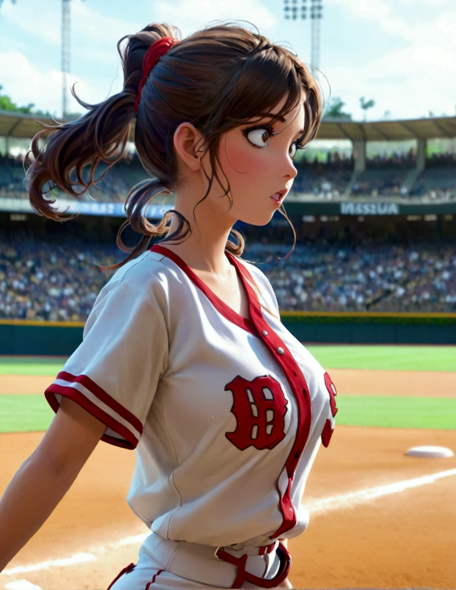 A cute woman (sexy baseball uniform, hair in ponytail), running to 3rd base, show her entire body, camera low to ground