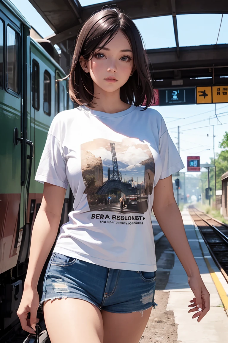 (best quality, ultra detailed, absolutely resolution:1.3), (realistic), looking at viewer, female Traveler, cowboy shot, walking, T-shirt, short shorts, Huge railroad station,