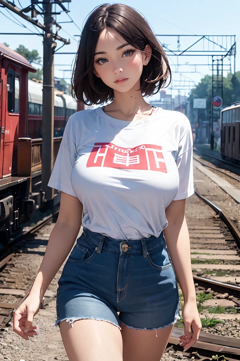 (best quality, ultra detailed, absolutely resolution:1.3), (realistic), looking at viewer, female Traveler, cowboy shot, walking, T-shirt, short shorts, Huge railroad station,