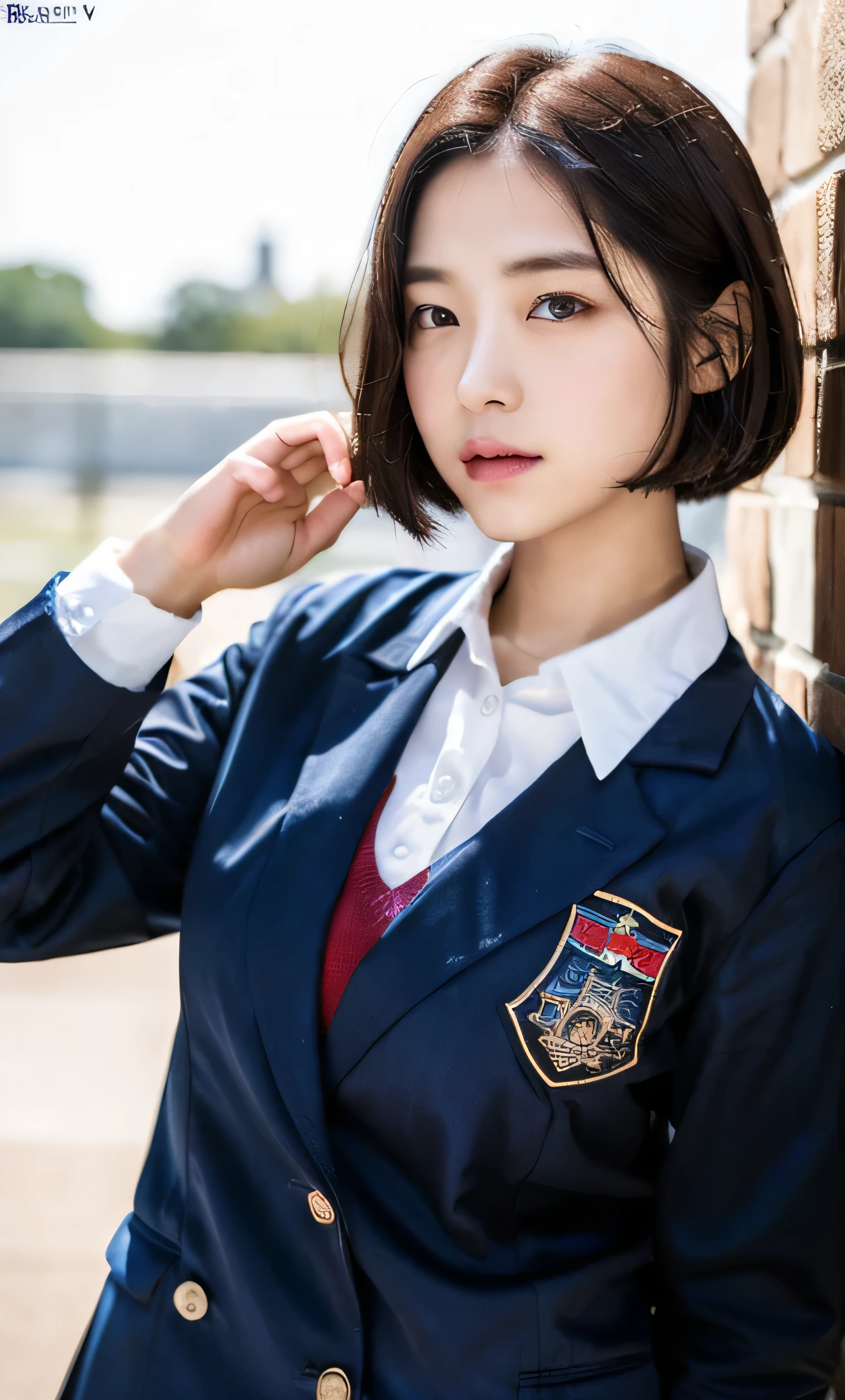 ulzzang-6500-v1.1, (raw photo:1.2), (photorealistic:1.4), beautiful detailed girl, very detailed eyes and face, beautiful detailed eyes, ridiculous, incredibly ridiculous, huge file size, super detailed, high resolution, very detailed, best quality, masterpiece, kemomimi, ((Japanese girls' high school uniform)), illustration, very detailed, CG, unified, 8k wallpaper, amazing, Fine details, masterpiece, best quality, very detailed CG uniform 8k wallpaper, light on face, cinematic lighting, 1girl, 16 years old,((dynamic pose))), (half body), (short hair)