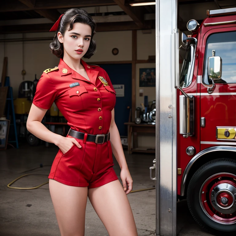 Retro Cam. margaret qualley, fire station, firefighter uniform , pin-up, vintage, 22 years old, perfect body, 40's, perspective, half body detail, sharp focus, light mix, detail, 50's, (high skin detail: 1,2), 8k hd, Wallpaper, DSLR, Luz outfit, high quality, Fujifilm XT3 Grainy Films.