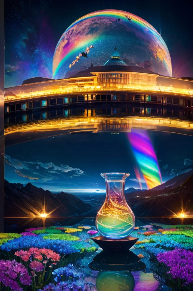 masterpiece、Highest quality、(A delicate and beautiful rainbow world trapped in a bottle)、World Masterpiece Theatre、High-resolution equirectangular projection、Highest quality、Consciousness upward、Material、canvas、Oil、realism、Realistic,wonderful景色,Utopia,An atmosphere full of dreams and hope,masterpiece.16K, Ultra-high resolution, Ultra-high resolution, to be born,wonderful ,future、Iridescent、The world 30 years from now。
