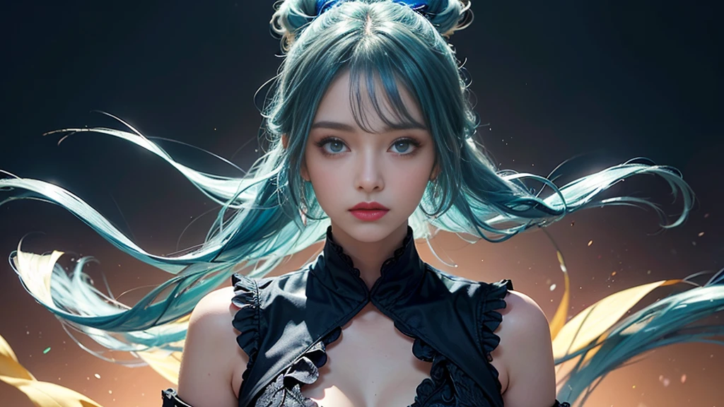 (masterpiece), (Highest quality), (Very detailed), (Disheveled Hair), (shape), (One Girl), (Fashionable clothes), Are standing, Fashion Model, Beholder, (interview), (Simple Background), Beautiful and beautiful eyes, Delicate and beautiful face, floating, (High chroma), (Colorful Splash), Colorful bubbles, (Shine), Focus on the face, ponytail, Light blue hair, bangs, Hair Ring, floating Flowers, floating Hairs, (The Shining), Best lighting, Best Shadow, Big, firm, swaying breasts