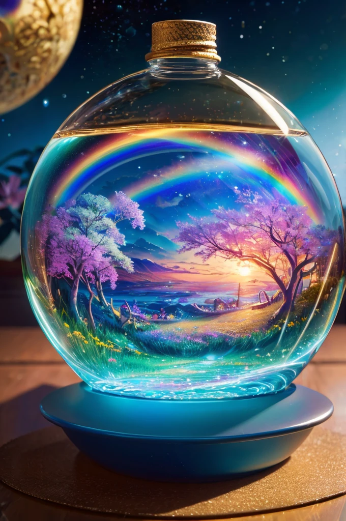 masterpiece、Highest quality、（A delicate and beautiful rainbow world trapped in a bottle）、World Masterpiece Theatre、High-resolution equirectangular projection、Highest quality、Consciousness upward、Material、canvas、Oil、realism、Realistic,wonderful景色，Utopia，An atmosphere full of dreams and hope，masterpiece．16K, Ultra-high resolution, Ultra-high resolution, to be born,wonderful ,future、Iridescent、The world 30 years from now。