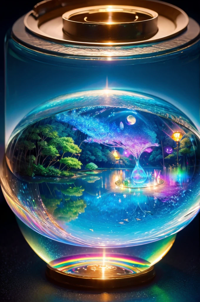 masterpiece、Highest quality、（A delicate and beautiful rainbow world trapped in a bottle）、World Masterpiece Theatre、High-resolution equirectangular projection、Highest quality、Consciousness upward、Material、canvas、Oil、realism、Realistic,wonderful景色，Utopia，An atmosphere full of dreams and hope，masterpiece．16K, Ultra-high resolution, Ultra-high resolution, to be born,wonderful ,future、Iridescent、The world 30 years from now。