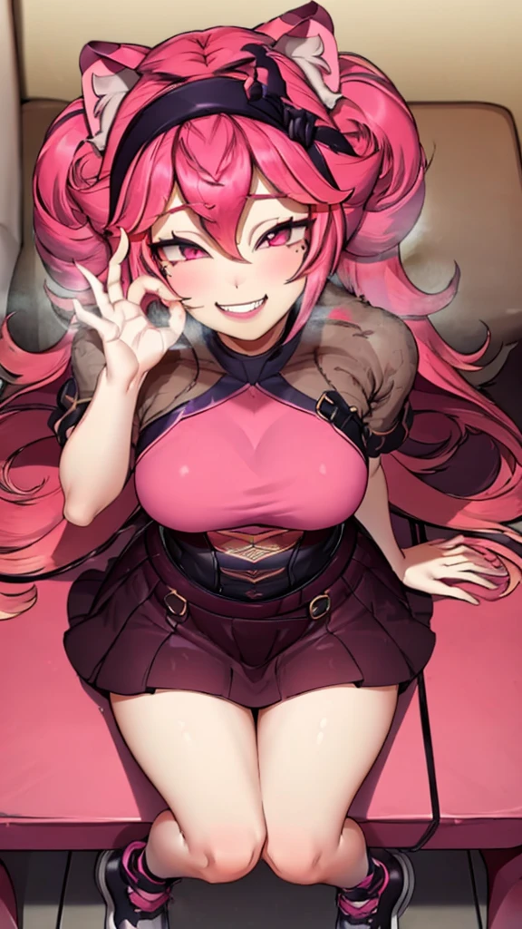  ((((Open your mouth))))、masterpiece,highest quality,High resolution,Very detailed,bb Festival,meだium hair,skinny,Ahoge, pink Hair,(((((  Captivating smile ))))),skinny,Hair between the eyes,bangs,Hair Ribbon,Black Choker,Earrings,Black Ribbon,plaiだ shirt,Grey Shirt,shoulだer cutout,Short sleeve,See-through sleeves,Black Skirt,High Waist Skirt,Race,(( Perfect Fingers )) ,  shoes下,(black shoes下:1.4),Race trim,shoes,Black footwear,indoor,(Cafe:1.2),((Blowjob Gestures:1.5))、Open your mouth ,Sitting,Chair,Heavy breathing ,Hand in front of your mouth,Hand in front of mouth,lunaria ayaren