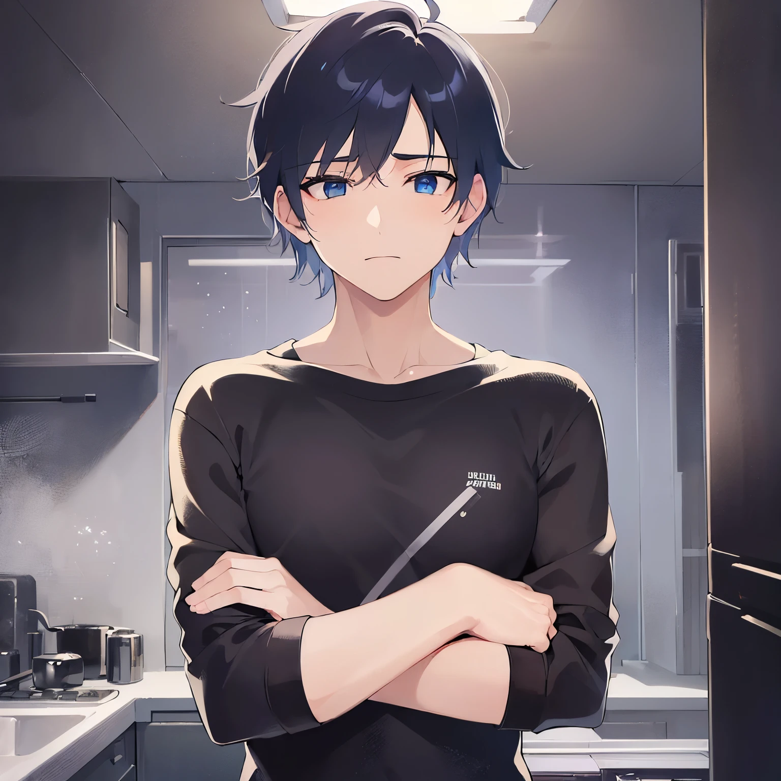 (25-year-old male:1.5) and (Black short hair) and (blue eyes)
(black) and (T-Shirts)、(looking at viewer:1.3),upper body、
shiny skin, masterpiece、Highest quality、
The background is the kitchen at night、frown、(alone:1.2)、Arms crossed