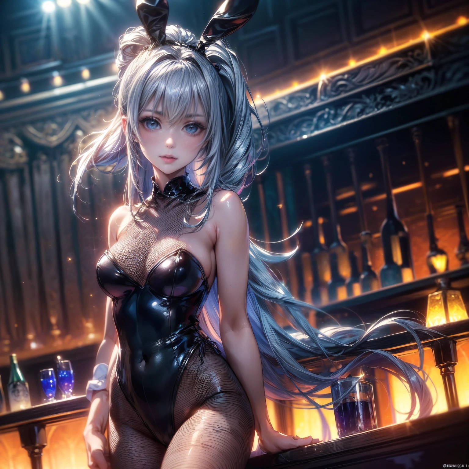 (Highest quality:1.2, High detail, masterpiece:1.2, Best aesthetics), (1 Girl), Cowboy Shot, ((Playboy Bunny, Fishnet tights:1.2, Bunny ears, ハイレグ leotard, 白leotard:1.1, leotard)), (Silver Hair, ponytail, Asymmetrical bangs, Bright Blue Eyes), Beautiful attention to detail, Beautiful lip detail, Highly detailed face, Detailed Fashion, elegant, luxury, High quality fabric, Shine, Shine, smile, Random Pause, Dutch Angle, bar, Nightclub, night, Dramatic lighting, Cinematic, Bright colors, Intricate details, Chiaroscuro lighting.