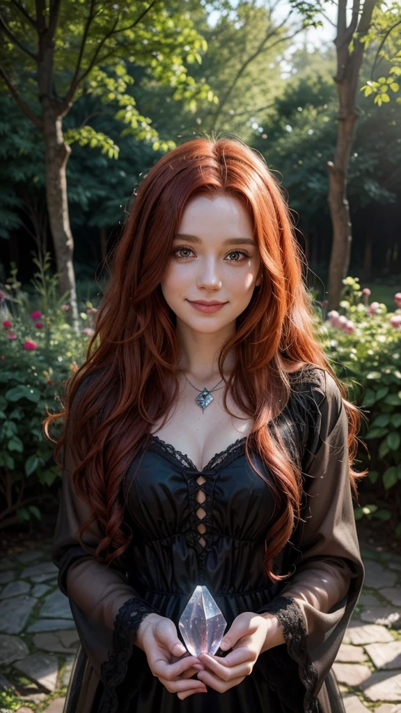 A realistic 25 year old witch, with curly red hair and a slight smile, is in a magical and enchanted garden under soft natural light holding a crystal 
