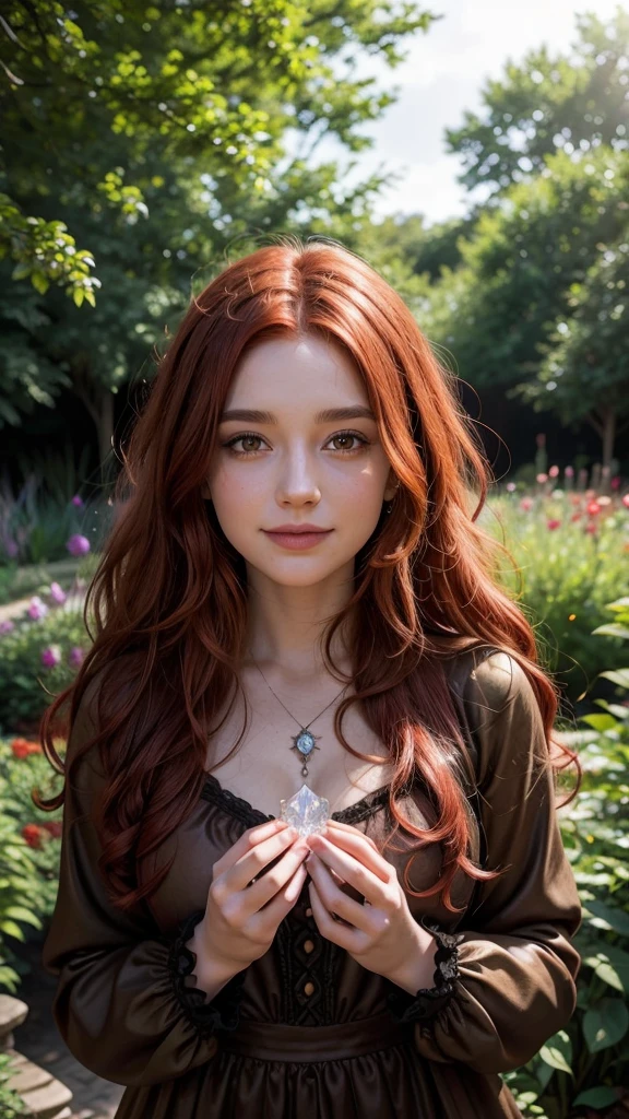 A realistic 25 year old witch, with curly red hair and a slight smile, is in a magical and enchanted garden under soft natural light holding a crystal
