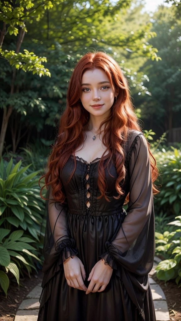 A realistic 25 year old witch, with curly red hair and a slight smile, is in a magical and enchanted garden under soft natural light holding a crystal