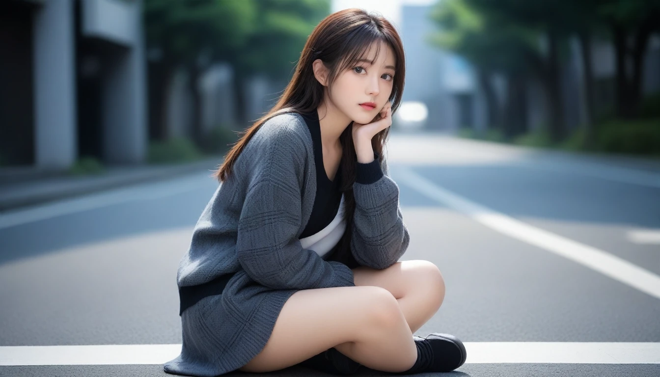 8K, Ultra-high resolution, Highest quality, masterpiece, 三分割法によるphotograph,Surreal, photograph, 1 Girl, (16 years old:1.3), pretty girl, Cute face, Beautiful eyes in every detail, 細かくdetailedに,masterpiece,One Girl:1.2, Japan Female Announcer,whole body,from below,Fearful expression,Black Hair,Messy hair,Cyber city of the near future,Wearing a cardigan sweater on your back、Girl sitting in the middle of the road, Plaid pencil skirt, High socks and black shoes,Beautiful leg line beauty,Realistic Skin, Perfect and beautiful face ,完璧でCute face, Skin with attention to detail, Perfect limbs、Narrow waist、Thin legs),Looking at the audience、beauty,Long neck、(((Ideal body type))),A cup small breasts :2,Portraiture:2,Perfect Anatomy,鮮明なdetailed,detailed,Surreal,Light and shadow,darkness