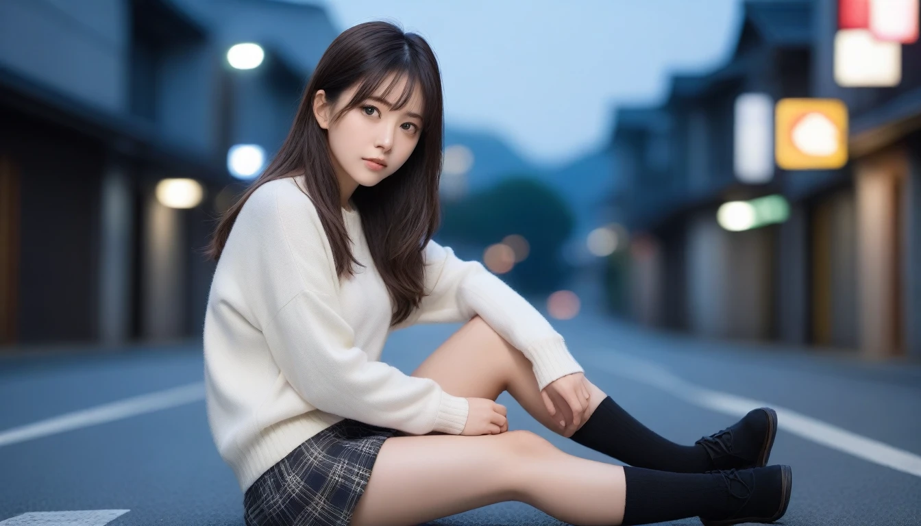8K, Ultra-high resolution, Highest quality, masterpiece, 三分割法によるphotograph,Surreal, photograph, 1 Girl, (:1.3), pretty girl, Cute face, Beautiful eyes in every detail, 細かくdetailedに,masterpiece,One Girl:1.2, Japan Female Announcer,whole body,from below,Fearful expression,Black Hair,Messy hair,Cyber city of the near future,Wearing a cardigan sweater on your back、Girl sitting in the middle of the road, Plaid pencil skirt, High socks and black shoes,Beautiful leg line beauty,Realistic Skin, Perfect and beautiful face ,完璧でCute face, Skin with attention to detail, Perfect limbs、Narrow waist、Thin legs),Looking at the audience、beauty,Long neck、(((Ideal body type))),A cup small breasts :2,Portraiture:2,Perfect Anatomy,鮮明なdetailed,detailed,Surreal,Light and shadow,darkness