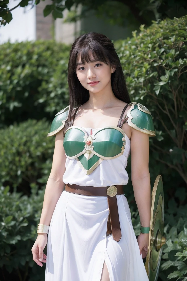 Valkyrie、Medium display, Medium Shot, Written boundary depth, bust, Upper Body, Movie angle, masterpiece, Highest quality, Very detailed, CG, 8k wallpaper, Beautiful Face, Delicate eyes, Otome, alone, smile, bangs, skirt, shirt, swordを持っている, Dark green armor、White Dress, bow, petal, bouquet,Valkyrie、shield、sword