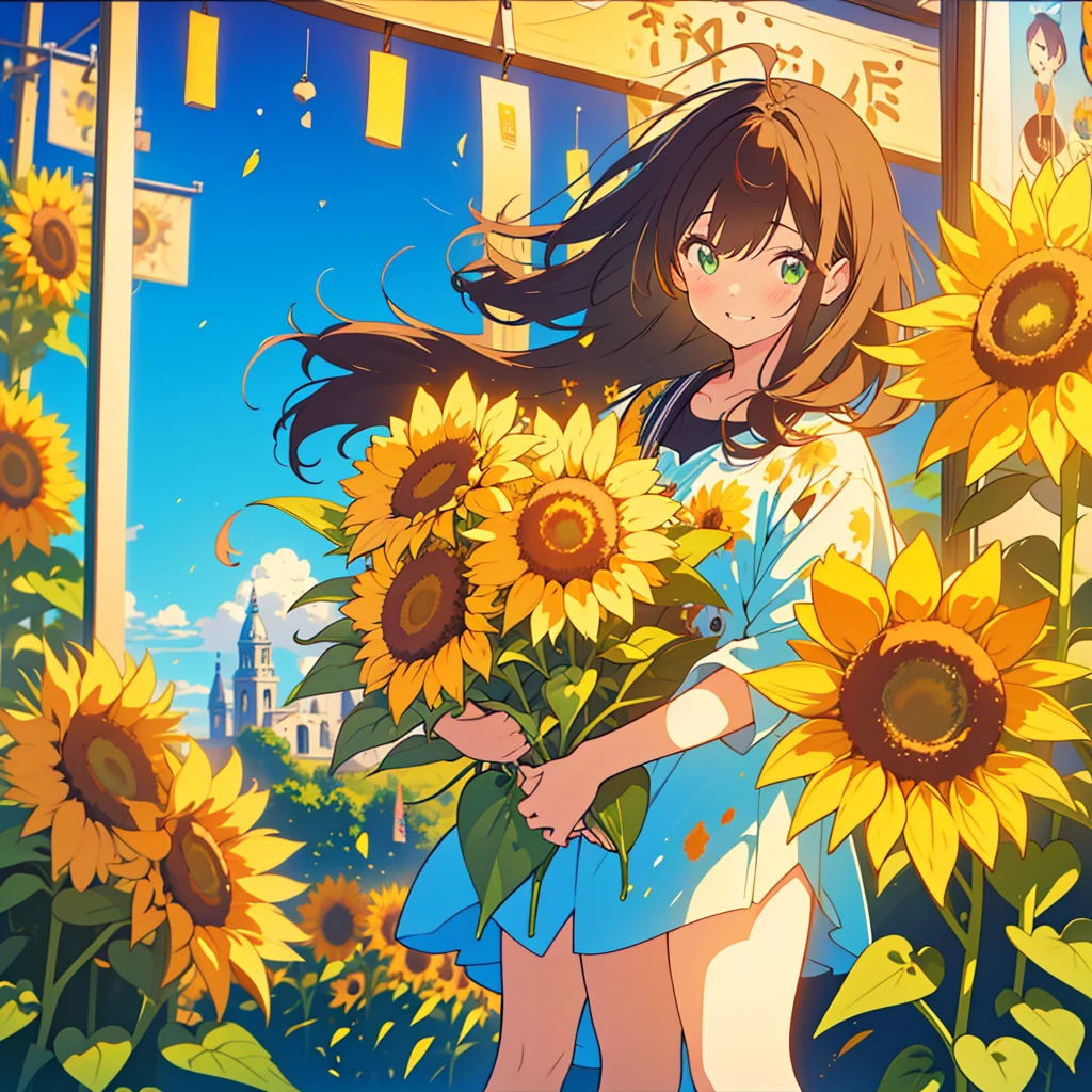kawaii, anime, Cute, hyper quality, highly detailed, 16k, Front facing, Clarity, full body, one twenty year old woman, stain the whole thing with colorful ink, long brown hair, green eyes, paint color, countless sunflowers, surrounded by sunflowers, Trapped inside a Van Gogh painting, ephemeral, paint, paint, brush, live inside the canvas, art supplies, oil, wonder, mysterious, rainbow colored sunflowers, Richly colored, Brightly colored sunflowers, highlight on eyes, smile, splattered ink, scribble, countless handwritings, color palette, the bell rings, long hair flowing, Draw eyes clearly, art, taken in by sunflowers,