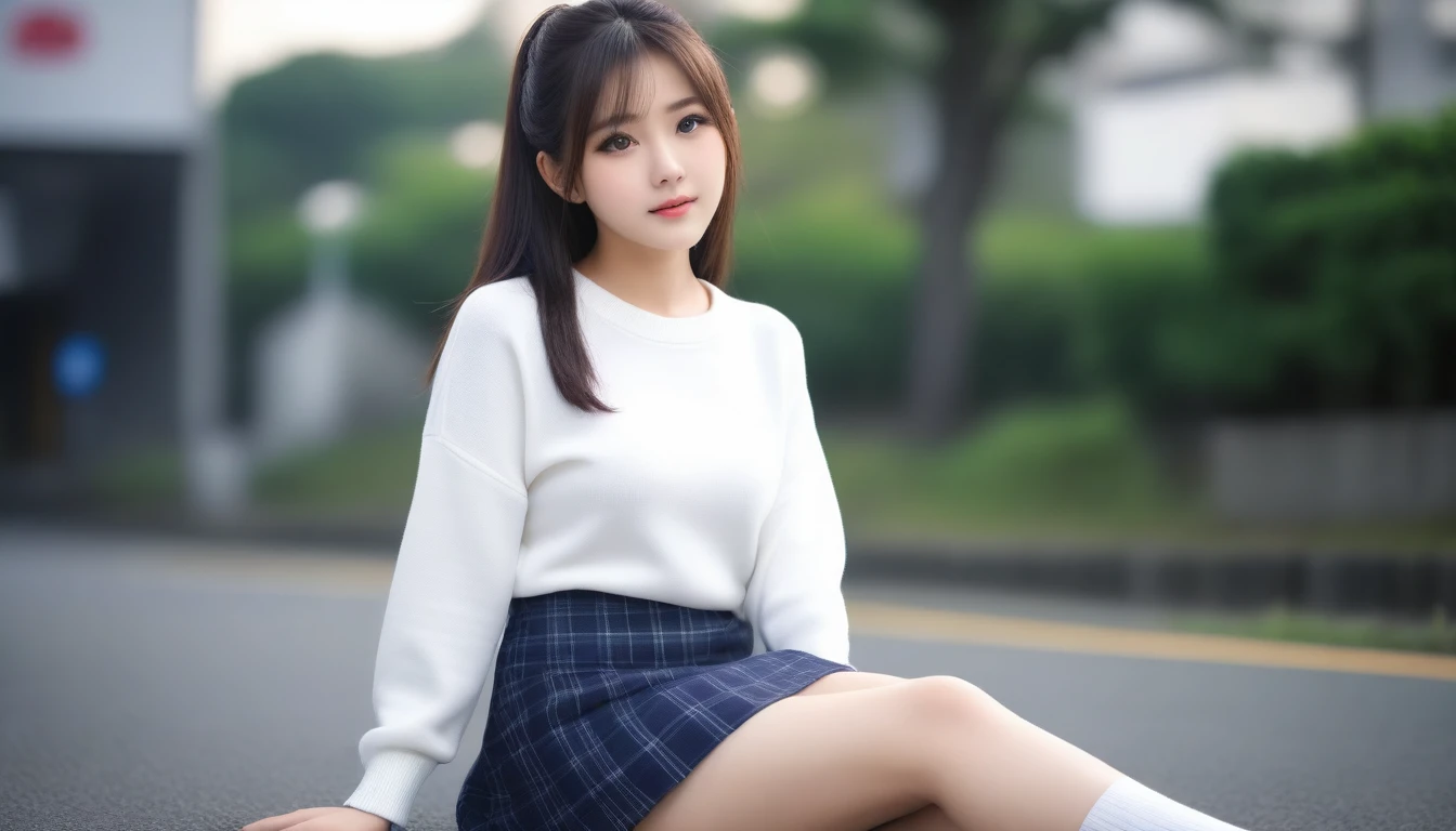8K, Ultra-high resolution, Highest quality, masterpiece, 三分割法によるphotograph,Surreal, photograph, 1 Girl, (16 years old:1.3), pretty girl, Cute face, Beautiful eyes in every detail, 細かくdetailedに,masterpiece,One Girl:1.2, Japan Female Announcer,whole body,from below,Fearful expression,Black Hair,Messy hair,Cyber city of the near future,Wearing a cardigan sweater on your back、Girl sitting in the middle of the road, Plaid pencil skirt, High socks and black shoes,Beautiful leg line beauty,Realistic Skin, Perfect and beautiful face ,完璧でCute face, Skin with attention to detail, Perfect limbs、Narrow waist、Thin legs),Looking at the audience、beauty,Long neck、(((Ideal body type))),A cup small breasts :2,Portraiture:2,Perfect Anatomy,鮮明なdetailed,detailed,Surreal,Light and shadow,darkness
