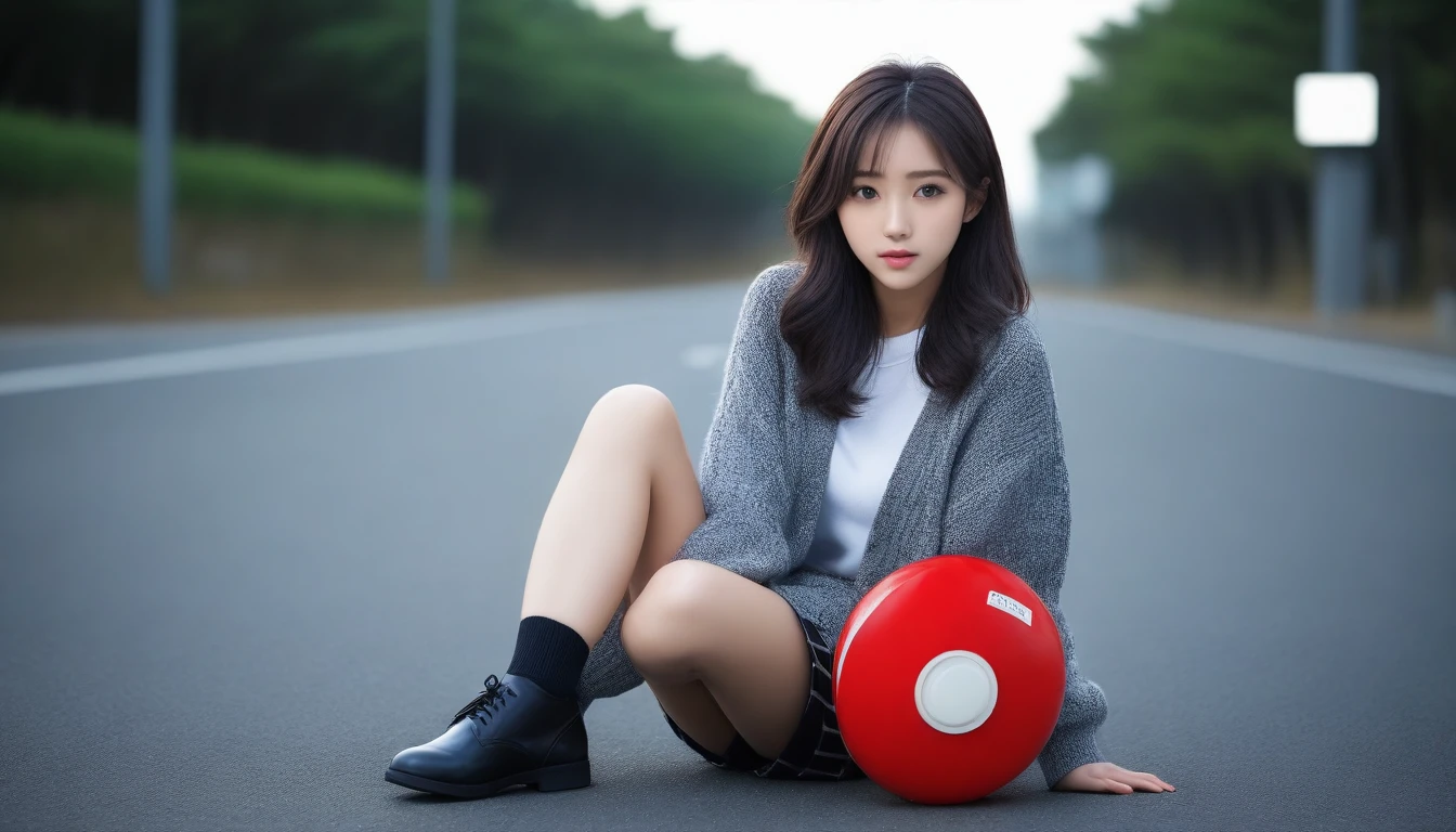 8K, Ultra-high resolution, Highest quality, masterpiece, 三分割法によるphotograph,Surreal, photograph, 1 Girl, (:1.3), pretty girl, Cute face, Beautiful eyes in every detail, 細かくdetailedに,masterpiece,One Girl:1.2, Japan Female Announcer,whole body,from below,Fearful expression,Black Hair,Messy hair,Cyber city of the near future,Wearing a cardigan sweater on your back、Girl sitting in the middle of the road, Plaid pencil skirt, High socks and black shoes,Beautiful leg line beauty,Realistic Skin, Perfect and beautiful face ,完璧でCute face, Skin with attention to detail, Perfect limbs、Narrow waist、Thin legs),Looking at the audience、beauty,Long neck、(((Ideal body type))),A cup small breasts :2,Portraiture:2,Perfect Anatomy,鮮明なdetailed,detailed,Surreal,Light and shadow,darkness
