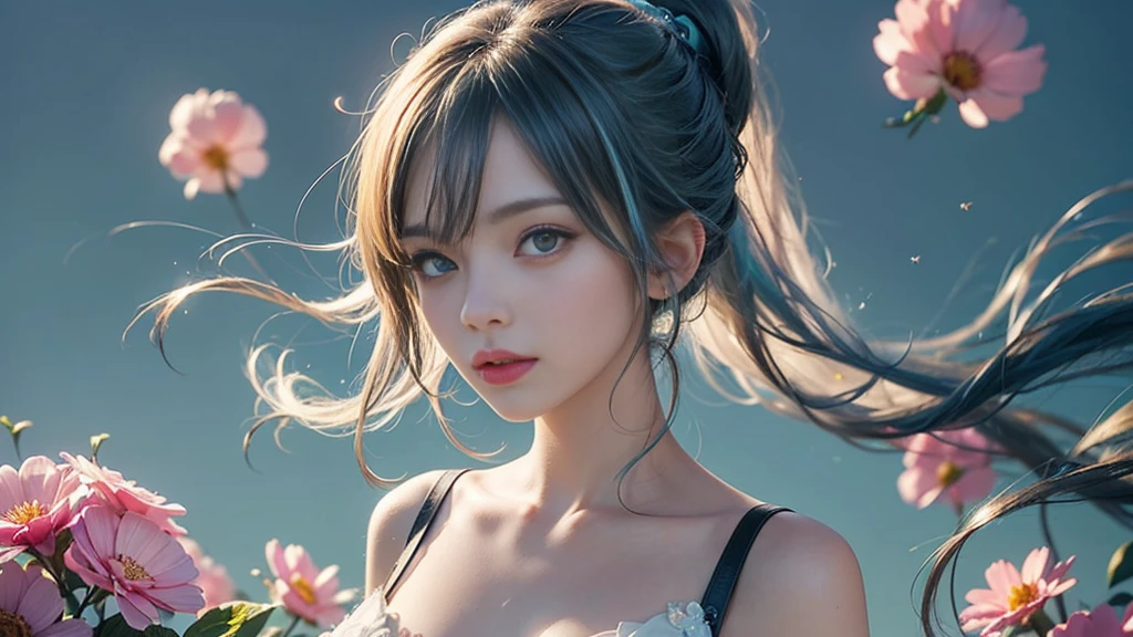 (masterpiece), (Highest quality), (Very detailed), (Disheveled Hair), (shape), (One Girl), (Fashionable clothes), Are standing, Fashion Model, Beholder, (interview), (Simple Background), Beautiful and beautiful eyes, Delicate and beautiful face, floating, (High chroma), (Colorful Splash), Colorful bubbles, (Shine), Focus on the face, ponytail, Light blue hair, bangs, Hair Ring, floating Flowers, floating Hairs, (The Shining), Best lighting, Best Shadow, Big, firm, swaying breasts
