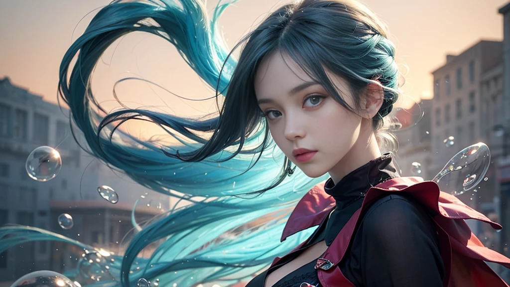 (masterpiece), (Highest quality), (Very detailed), (Disheveled Hair), (shape), (One Girl), (Fashionable clothes), Are standing, Fashion Model, Beholder, (interview), (Simple Background), Beautiful and beautiful eyes, Delicate and beautiful face, floating, (High chroma), (Colorful Splash), Colorful bubbles, (Shine), Focus on the face, ponytail, Light blue hair, bangs, Hair Ring, floating Flowers, floating Hairs, (The Shining), Best lighting, Best Shadow, Big, firm, swaying breasts