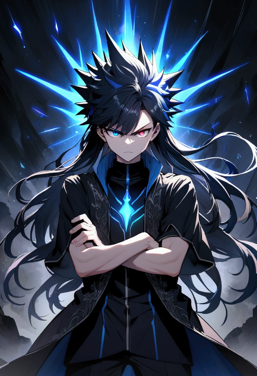 Teenage boy, spiky hair, long hair, multicolored blue and black hair, crossed arms, blue and black eyes, heterochromia, Simple smile, serious face, black jersey, dark blue detailed and wide short-sleeved overcoat, detailed black pants