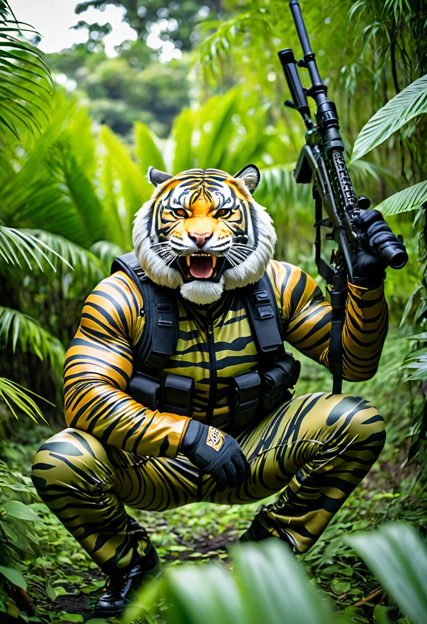 (a dark-skinned bearded fat muscular old man in a bulky army camouflage zipper diver suit), and (wearing realistic roaring siberian tiger mask), crouching in a jungle and shooting sniper rifle, muscular, imposing stature, toned muscles, Bruce Onobrakpeya, sumatraism, stanley artgermm, action, heroic, fierce, snarling

