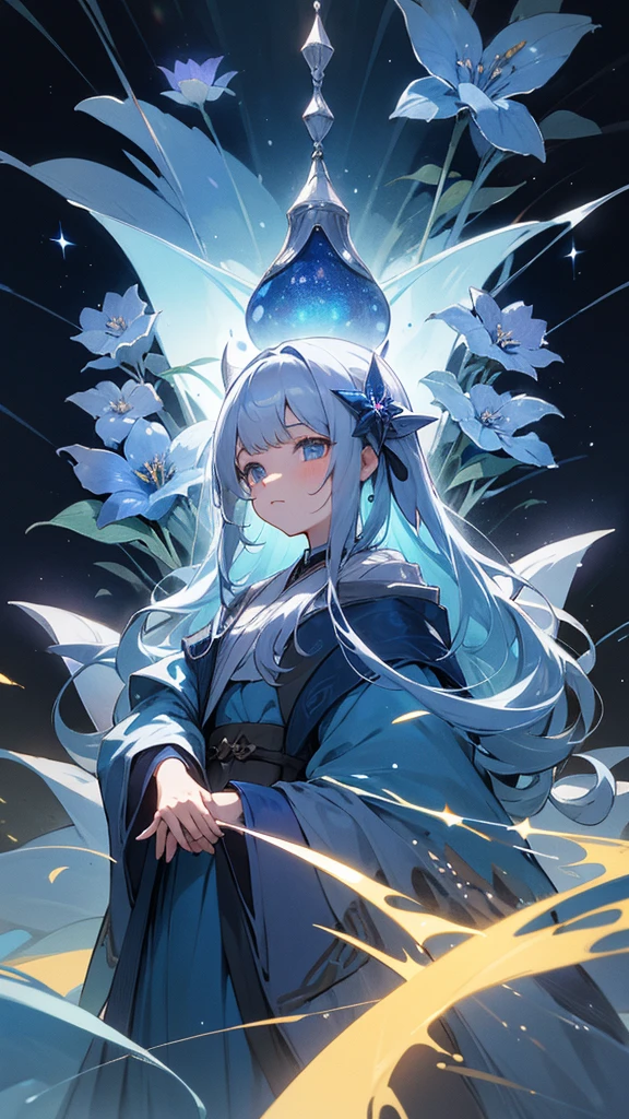 Highest quality,masterpiece,Detailed Details,Super detailed,colorful,The background is the deep blue sea,Transparency,Use HDR technology to create a sense of depth,beautiful,beautiful自然,5 year old girl,Alone,Wearing a wizard's robe,Stand in the center of the screen,The whole body faces this way,Look diagonally forward to the left,Put your right hand forward in a three-dimensional way,A star-like light from the right,Light magic from the right hand,Narrow and gentle eyes,mysterious,Silver hair decorated with blue flowers,Fantasy atmosphere,beautiful虹色の蝶々is flying in the air