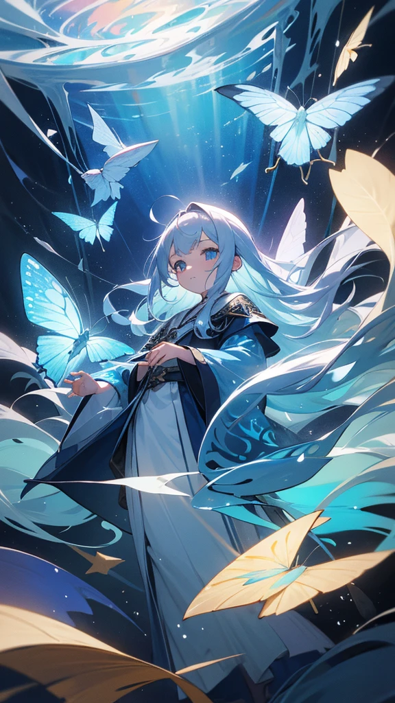 Highest quality,masterpiece,Detailed Details,Super detailed,colorful,The background is the deep blue sea,Transparency,Use HDR technology to create a sense of depth,beautiful,beautiful自然,5 year old girl,Alone,Wearing a wizard's robe,Stand in the center of the screen,The whole body faces this way,Look diagonally forward to the left,Put your right hand forward in a three-dimensional way,A star-like light from the right,Light magic from the right hand,Narrow and gentle eyes,mysterious,Silver hair decorated with blue flowers,Fantasy atmosphere,beautiful虹色の蝶々is flying in the air