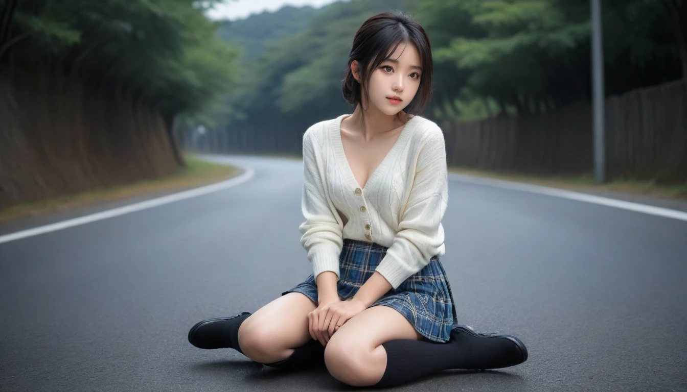 8K, Ultra-high resolution, Highest quality, masterpiece, 三分割法によるphotograph,Surreal, photograph, 1 Girl, (:1.3), pretty girl, Cute face, Beautiful eyes in every detail, 細かくdetailedに,masterpiece,One Girl:1.2, Japan Female Announcer,whole body,from below,Fearful expression,Black Hair,Messy hair,Cyber city of the near future,Wearing a cardigan sweater on your back、Girl sitting in the middle of the road, Plaid pencil skirt, High socks and black shoes,Beautiful leg line beauty,Realistic Skin, Perfect and beautiful face ,完璧でCute face, Skin with attention to detail, Perfect limbs、Narrow waist、Thin legs),Looking at the audience、beauty,Long neck、(((Ideal body type))),A cup small breasts :2,Portraiture:2,Perfect Anatomy,鮮明なdetailed,detailed,Surreal,Light and shadow,darkness