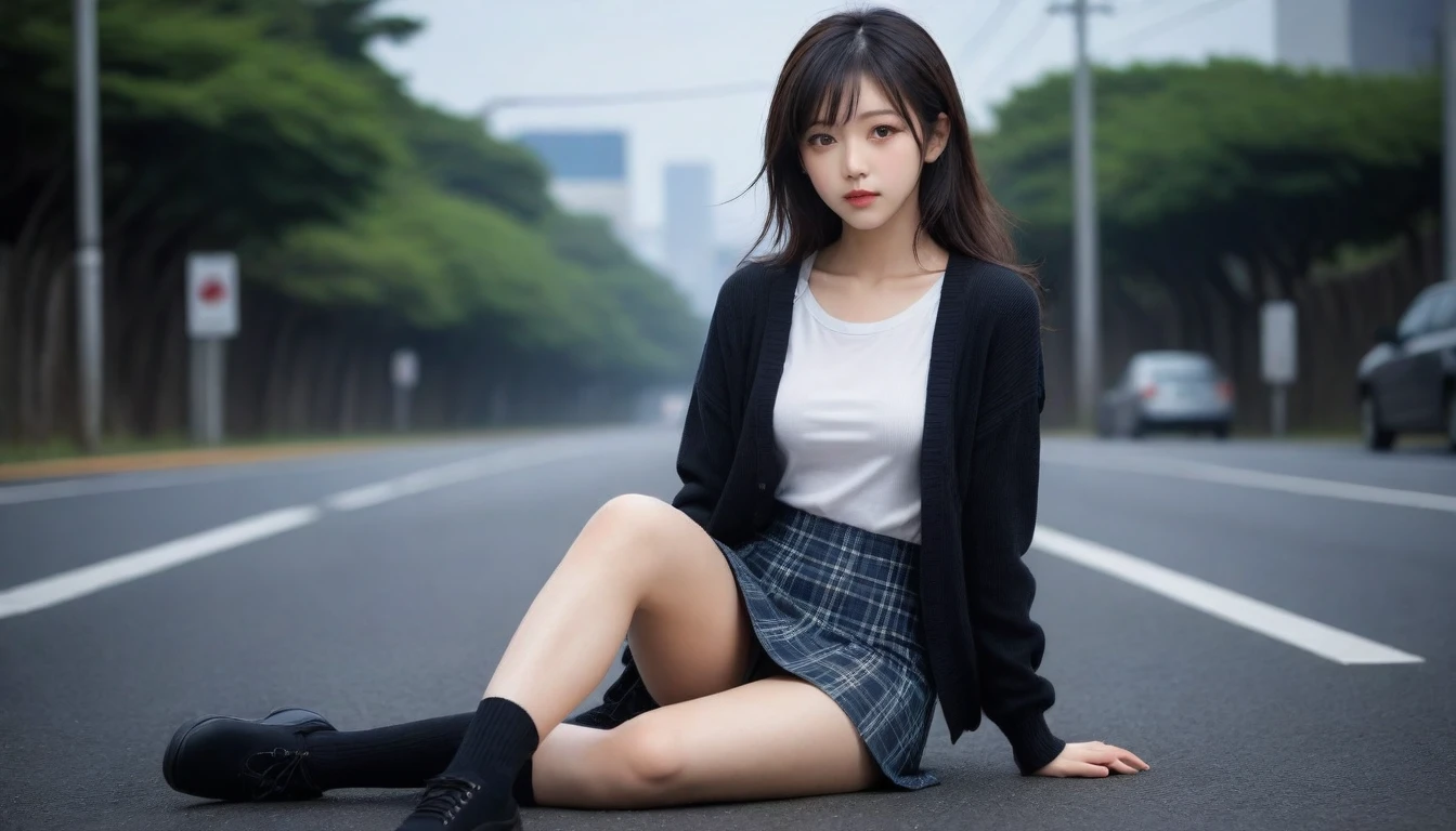 8K, Ultra-high resolution, Highest quality, masterpiece, 三分割法によるphotograph,Surreal, photograph, 1 Girl, (16 years old:1.3), pretty girl, Cute face, Beautiful eyes in every detail, 細かくdetailedに,masterpiece,One Girl:1.2, Japan Female Announcer,whole body,from below,Fearful expression,Black Hair,Messy hair,Cyber city of the near future,Wearing a cardigan sweater on your back、Girl sitting in the middle of the road, Plaid pencil skirt, High socks and black shoes,Beautiful leg line beauty,Realistic Skin, Perfect and beautiful face ,完璧でCute face, Skin with attention to detail, Perfect limbs、Narrow waist、Thin legs),Looking at the audience、beauty,Long neck、(((Ideal body type))),A cup small breasts :2,Portraiture:2,Perfect Anatomy,鮮明なdetailed,detailed,Surreal,Light and shadow,darkness