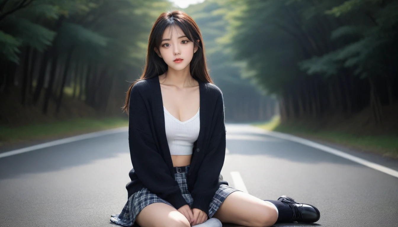 8K, Ultra-high resolution, Highest quality, masterpiece, 三分割法によるphotograph,Surreal, photograph, 1 Girl, (16 years old:1.3), pretty girl, Cute face, Beautiful eyes in every detail, 細かくdetailedに,masterpiece,One Girl:1.2, Japan Female Announcer,whole body,from below,Fearful expression,Black Hair,Messy hair,Cyber city of the near future,Wearing a cardigan sweater on your back、Girl sitting in the middle of the road, Plaid pencil skirt, High socks and black shoes,Beautiful leg line beauty,Realistic Skin, Perfect and beautiful face ,完璧でCute face, Skin with attention to detail, Perfect limbs、Narrow waist、Thin legs),Looking at the audience、beauty,Long neck、(((Ideal body type))),A cup small breasts :2,Portraiture:2,Perfect Anatomy,鮮明なdetailed,detailed,Surreal,Light and shadow,darkness