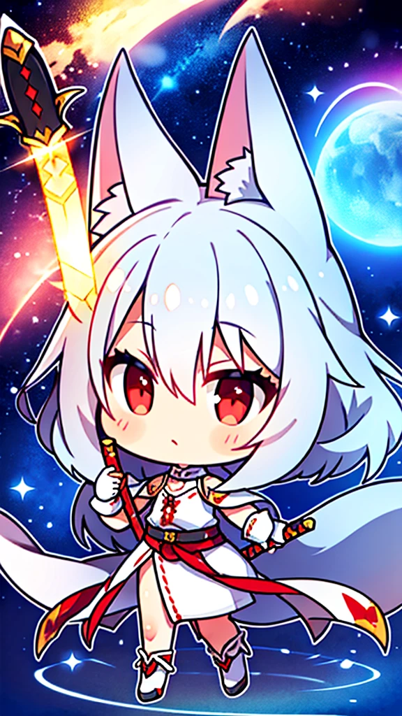  Silver-haired fox with light red pupils holding a long sword with cosmic background