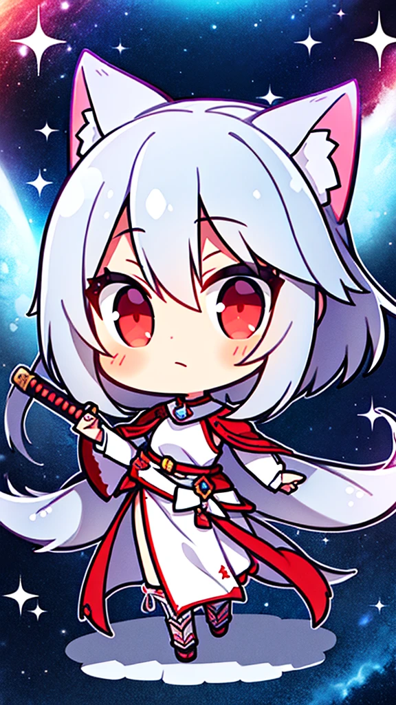  Silver-haired fox with light red pupils holding a long sword with cosmic background