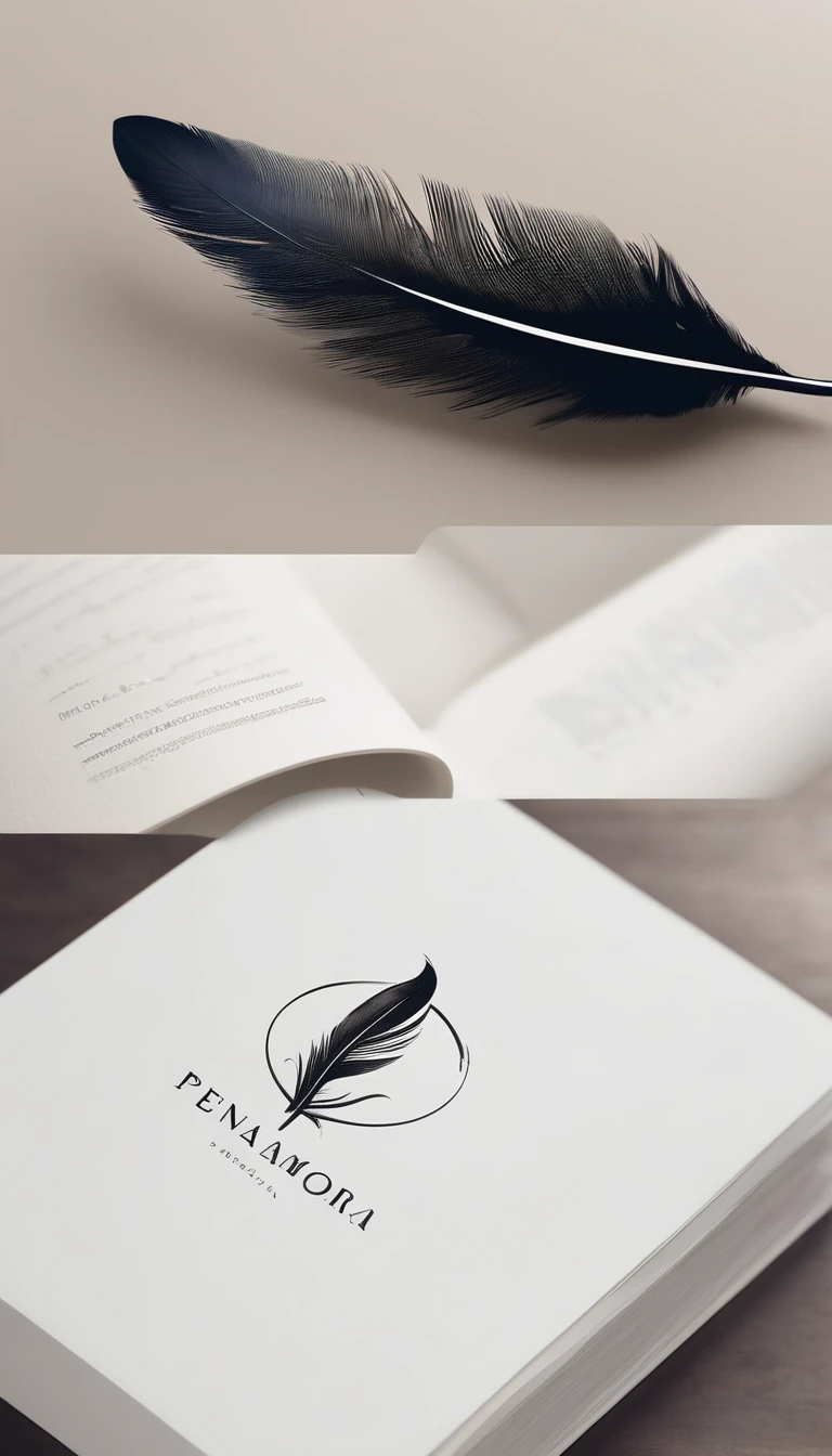 A minimal, modern, simple, cinematic logotype for the brand “Penamemoria". The logotype must be a simple, magical feather. The logo must convey a sense of music, stories and dreams. Logo design impressed on a book cover. Minimalistic logo