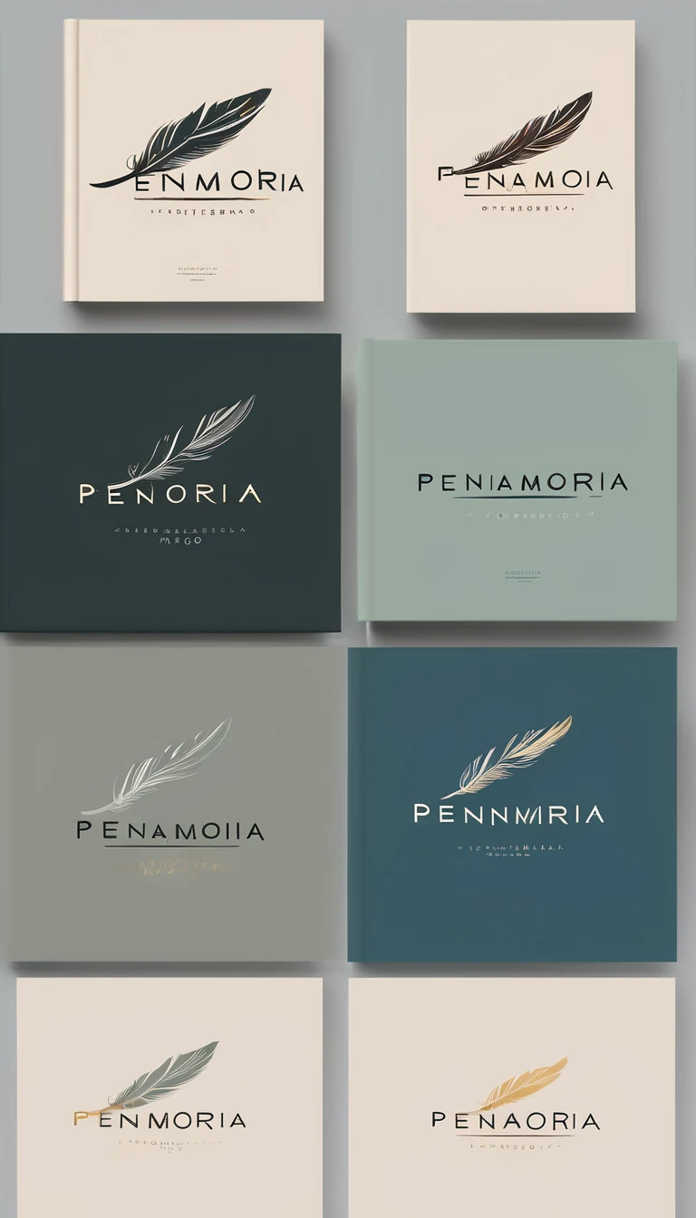 A minimal, modern, simple, cinematic logotype for the brand “Penamemoria". The logotype must be a simple, magical feather. The logo must convey a sense of music, stories and dreams. Logo design impressed on a book cover. Minimalistic logo