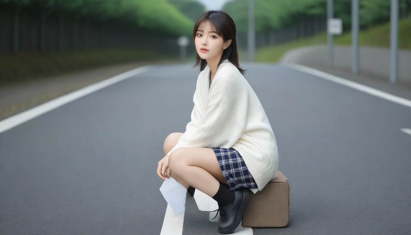 8K, Ultra-high resolution, Highest quality, masterpiece, 三分割法によるphotograph,Surreal, photograph, 1 Girl, (16 years old:1.3), pretty girl, Cute face, Beautiful eyes in every detail, 細かくdetailedに,masterpiece,One Girl:1.2, Japan Female Announcer,whole body,from below,Fearful expression,Black Hair,Messy hair,Cyber city of the near future,Wearing a cardigan sweater on your back、Girl sitting in the middle of the road, Plaid pencil skirt, High socks and black shoes,Beautiful leg line beauty,Realistic Skin, Perfect and beautiful face ,完璧でCute face, Skin with attention to detail, Perfect limbs、Narrow waist、Thin legs),Looking at the audience、beauty,Long neck、(((Ideal body type))),A cup small breasts :2,Portraiture:2,Perfect Anatomy,鮮明なdetailed,detailed,Surreal,Light and shadow,darkness