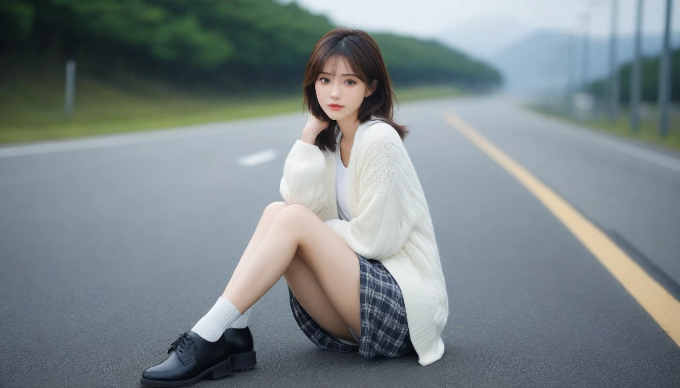 8K, Ultra-high resolution, Highest quality, masterpiece, 三分割法によるphotograph,Surreal, photograph, 1 Girl, (:1.3), pretty girl, Cute face, Beautiful eyes in every detail, 細かくdetailedに,masterpiece,One Girl:1.2, Japan Female Announcer,whole body,from below,Fearful expression,Black Hair,Messy hair,Cyber city of the near future,Wearing a cardigan sweater on your back、Girl sitting in the middle of the road, Plaid pencil skirt, High socks and black shoes,Beautiful leg line beauty,Realistic Skin, Perfect and beautiful face ,完璧でCute face, Skin with attention to detail, Perfect limbs、Narrow waist、Thin legs),Looking at the audience、beauty,Long neck、(((Ideal body type))),A cup small breasts :2,Portraiture:2,Perfect Anatomy,鮮明なdetailed,detailed,Surreal,Light and shadow,darkness