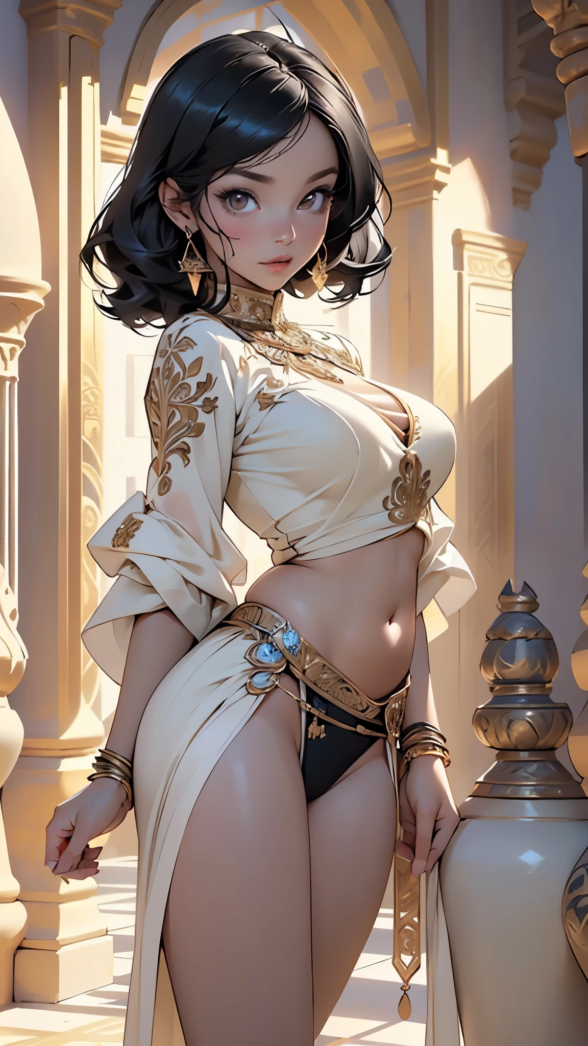 ((((indian girl)))),
girl,((black_body:1.3, black_face:1.3, completely black_skin:1.3)),(large breasts:1.4),saggy breasts,((((black_hair)))),(((black_eyes:1.3))),intricate eyes,beautiful detailed eyes,symmetrical eyes,(((lustrous skin:1.5,bright skin: 1.5,shiny skin,very shiny skin,shiny body))),(spider lower abdomen,narrow waist,wide hip,bimbo body,inflated legs,thick thighs),(((detailed face))),
(cute,slutty,sensual,seductive look,seductive,((erotic)),opulent,sumptuous,longingly,((nsfw)),
(arabian clothes, harem outfit, arabian dancing girl, belly dancer outfit, sex slave, jewelry, sheer loincloth, pelvic curtain, midriff, bracelets,),(arabian jewelry,intricate necklace),(((intricate outfit,intricate clothes))),(((intricate outfit,intricate clothes,embroidered outfit,ornate outfit))),
(dynamic pose:1.0),embarrassed,(centered,scale to fit dimensions,Rule of thirds),
indoors,(huge columns of an Arab palace,arab palace,arab palace background),scenery,extremely scenery,arab style,
(Glossy arab ornaments),highres,sharp focus,(ultra detailed,extremely detailed),(photorealistic artwork:1.37),(extremely detailed CG unity 8k wallpaper),(((vibrant colors,vibrant theme))),(intricate),(masterpiece),(best quality),artistic photography,(photography taken by sldr),(intricate background),perfect rendered face,perfect face details,realistic face,photo realistic,((intricate detail)),(((realism))),
