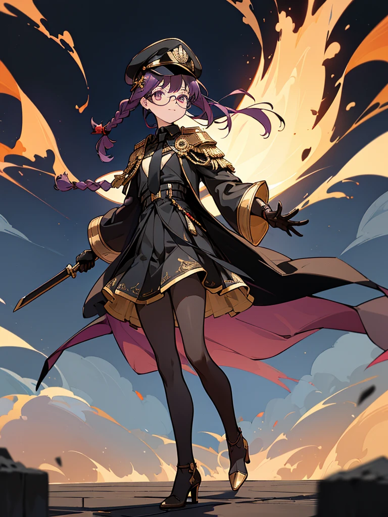 realisitic, City Deserted, Pile of rubble, Brick building, a one woman (18 years old, far away blackw hair, far away slits, Eyes red, glare eyes, 精致的面容, standing (In floor, feet shoulder-width apart), Lolita style military uniform (blackw base, Red Insert, golden decoration, volantes, wide sleeves, dainty and delicate detailing armors), blackw far away gloves (blackw, Red Insert, golden decoration, small hands, armors), blackw far away gloves, knee high boots (blackw, high-heels, red soles), ha (blackw, aba dourada, shield emblem, delicate details), arms in front, Front of belly, Holding military swords with both hands (blackw, golden decoration, delicate detail, Handle at the top, Ground-facing blade, in front of the body, far away), night sky (blackw, stele, Increased flames and smoke) Pale painting style, One Girl, super high quality, Super Detail, Super Detailed image, long hair, looking at viewer, skirt, shirt, hair ornament, violet eyes, gloves, round glasses, long sleeves, hat, closed mouth, jacket, violet hair, braid, open clothes, necktie, black gloves, black skirt, uniform, single braid, open jacket, black jacket, black headwear, 手链, peaked cap, black necktie, cropped jacket, military hat, pantyhose, Flat Chest, smile, Black Cape