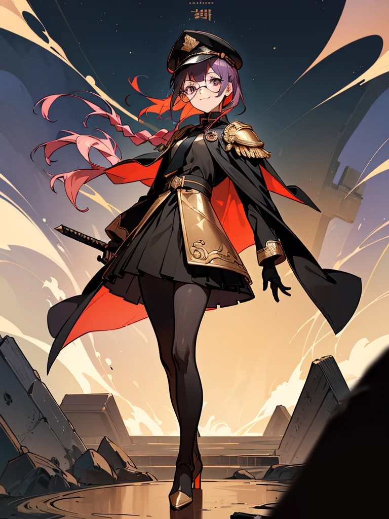 realisitic, City Deserted, Pile of rubble, Brick building, a one woman (18 years old, far away blackw hair, far away slits, Eyes red, glare eyes, 精致的面容, standing (In floor, feet shoulder-width apart), Lolita style military uniform (blackw base, Red Insert, golden decoration, volantes, wide sleeves, dainty and delicate detailing armors), blackw far away gloves (blackw, Red Insert, golden decoration, small hands, armors), blackw far away gloves, knee high boots (blackw, high-heels, red soles), ha (blackw, aba dourada, shield emblem, delicate details), arms in front, Front of belly, Holding military swords with both hands (blackw, golden decoration, delicate detail, Handle at the top, Ground-facing blade, in front of the body, far away), night sky (blackw, stele, Increased flames and smoke) Pale painting style, One Girl, super high quality, Super Detail, Super Detailed image, long hair, looking at viewer, skirt, shirt, hair ornament, violet eyes, gloves, round glasses, long sleeves, hat, closed mouth, jacket, violet hair, braid, open clothes, necktie, black gloves, black skirt, uniform, single braid, open jacket, black jacket, black headwear, 手链, peaked cap, black necktie, cropped jacket, military hat, pantyhose, Flat Chest, smile, Black Cape