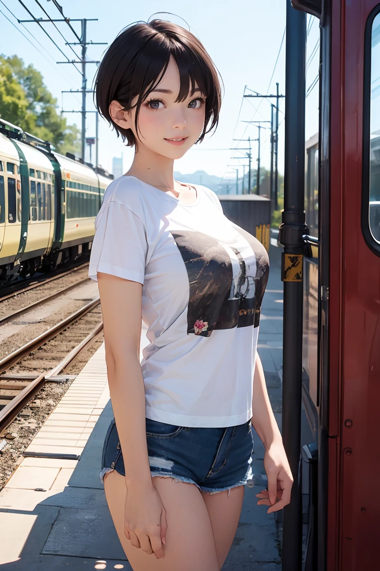 (best quality, ultra detailed, absolutely resolution:1.3), (realistic), looking at viewer, cheerful girl, female Traveler, cowboy shot, walking, T-shirt, short shorts, short hair, Huge railroad station,