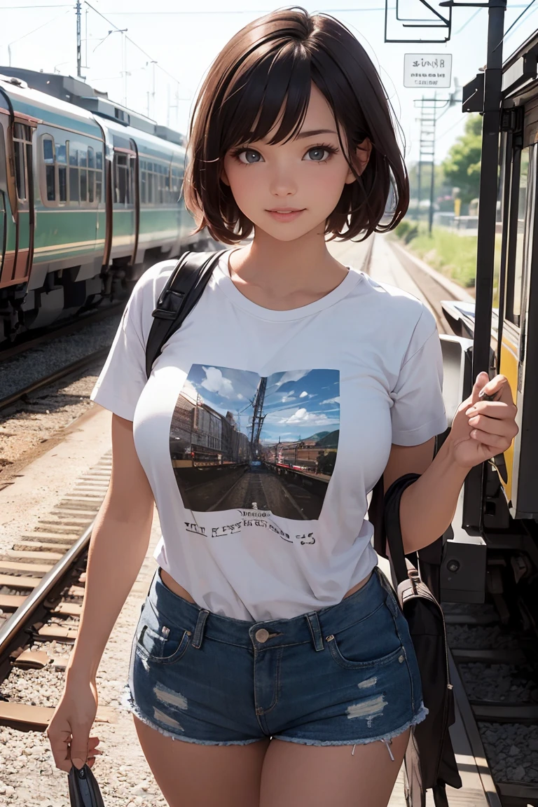 (best quality, ultra detailed, absolutely resolution:1.3), (realistic), looking at viewer, cheerful girl, female Traveler, cowboy shot, walking, T-shirt, short shorts, short hair, Huge railroad station,